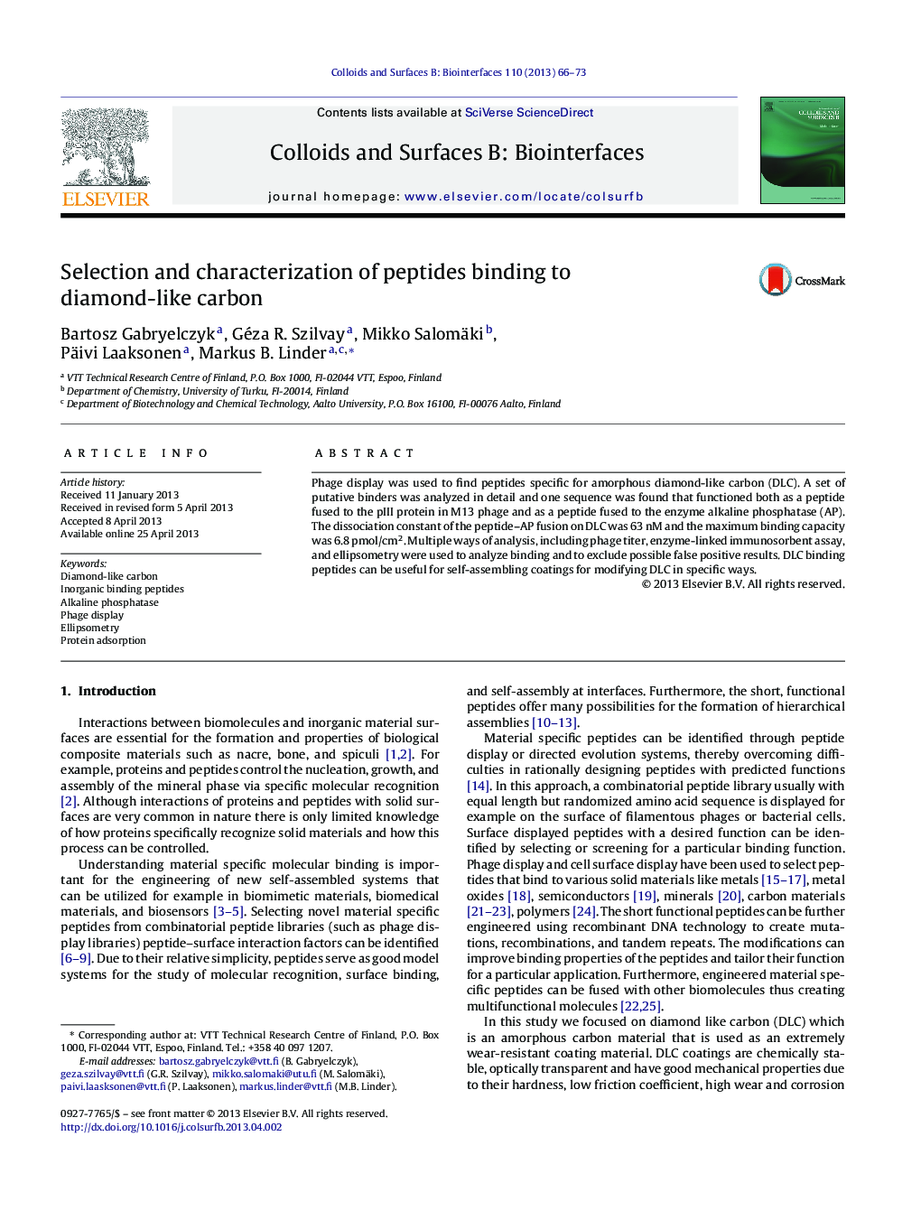 Selection and characterization of peptides binding to diamond-like carbon