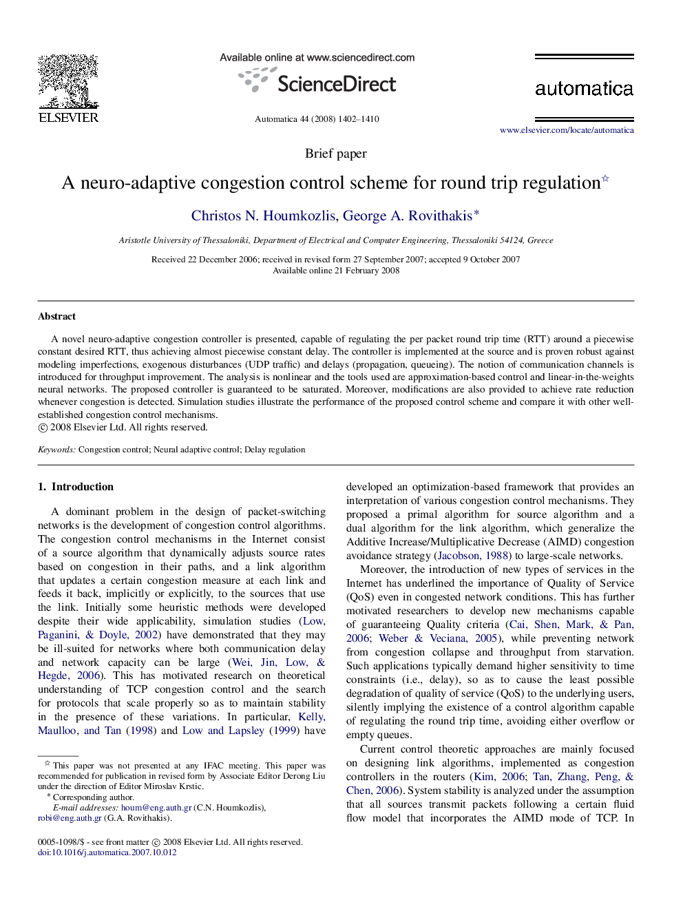 A neuro-adaptive congestion control scheme for round trip regulation 