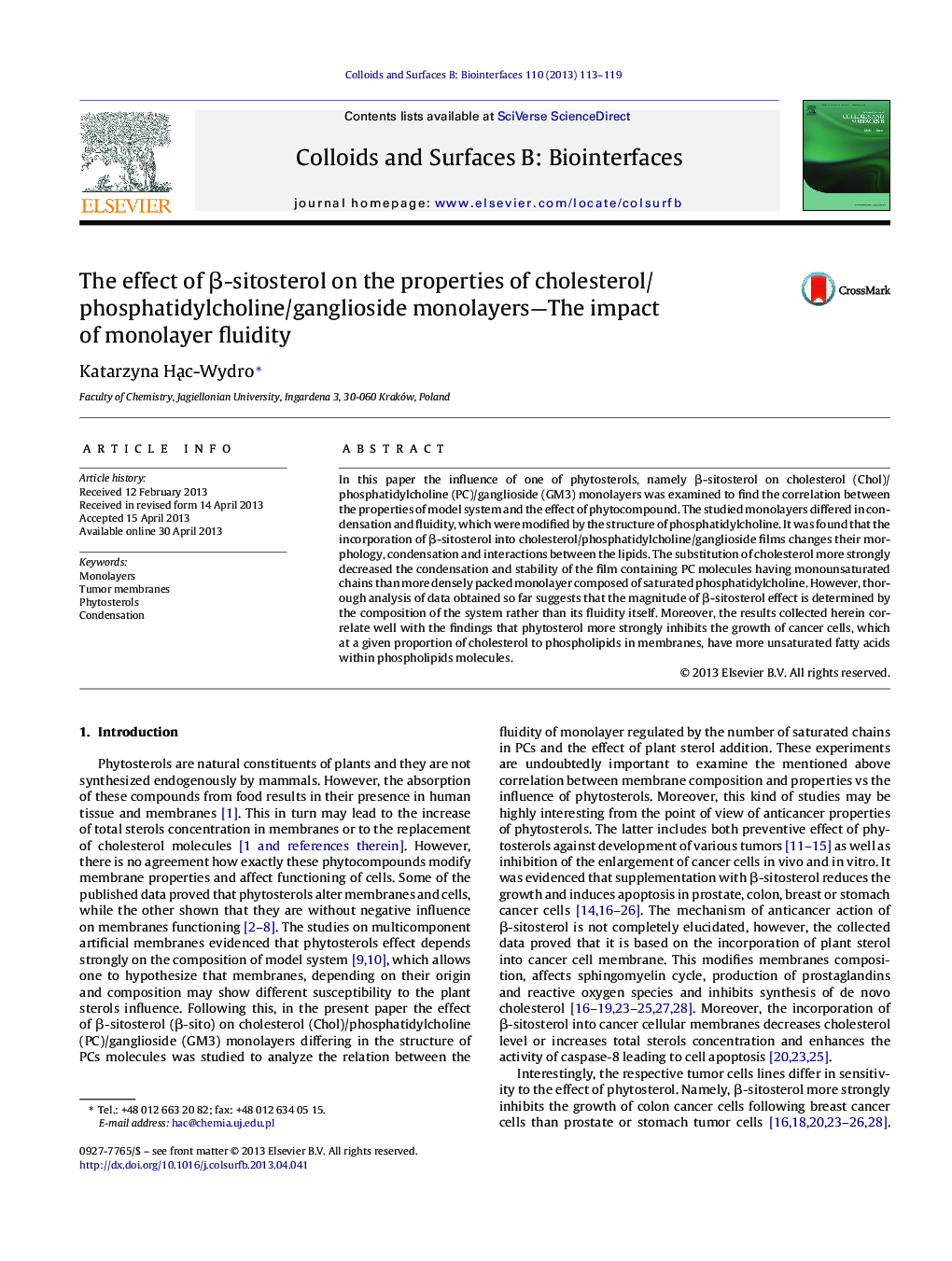 The effect of Î²-sitosterol on the properties of cholesterol/phosphatidylcholine/ganglioside monolayers-The impact of monolayer fluidity