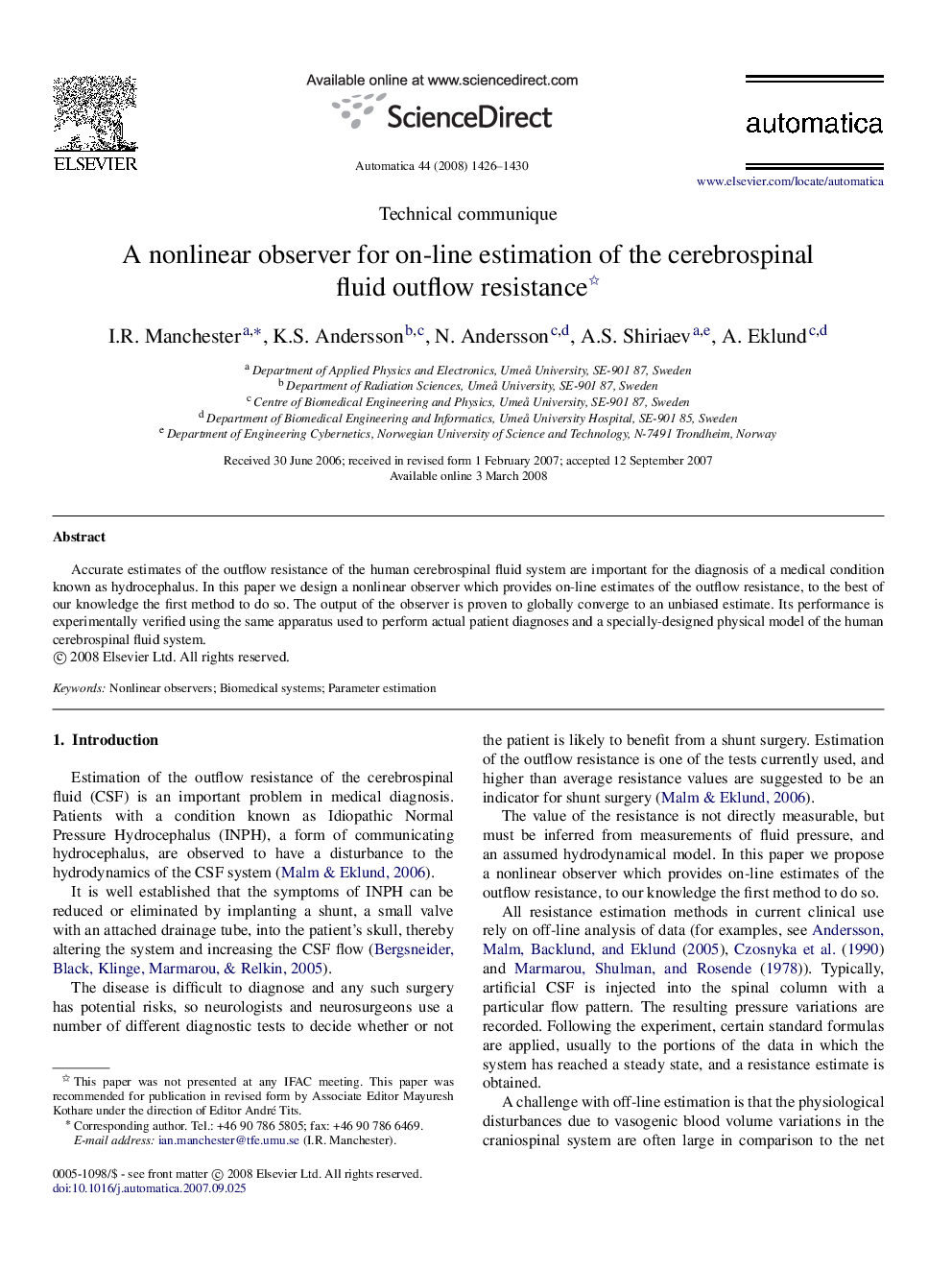 A nonlinear observer for on-line estimation of the cerebrospinal fluid outflow resistance