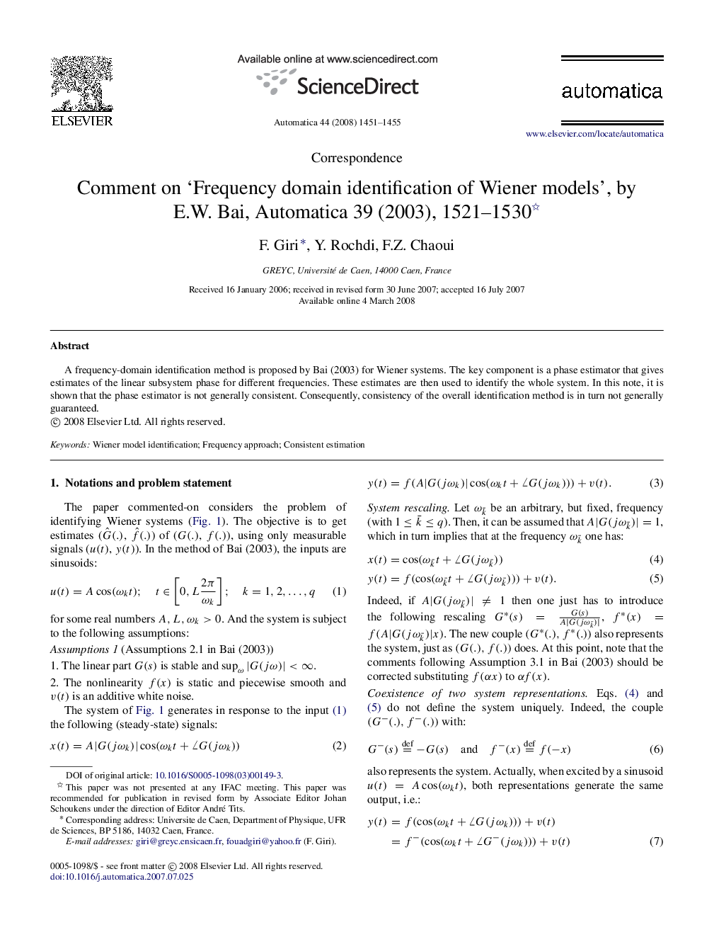 Comment on 'Frequency domain identification of Wiener models', by E.W. Bai, Automatica 39 (2003), 1521-1530