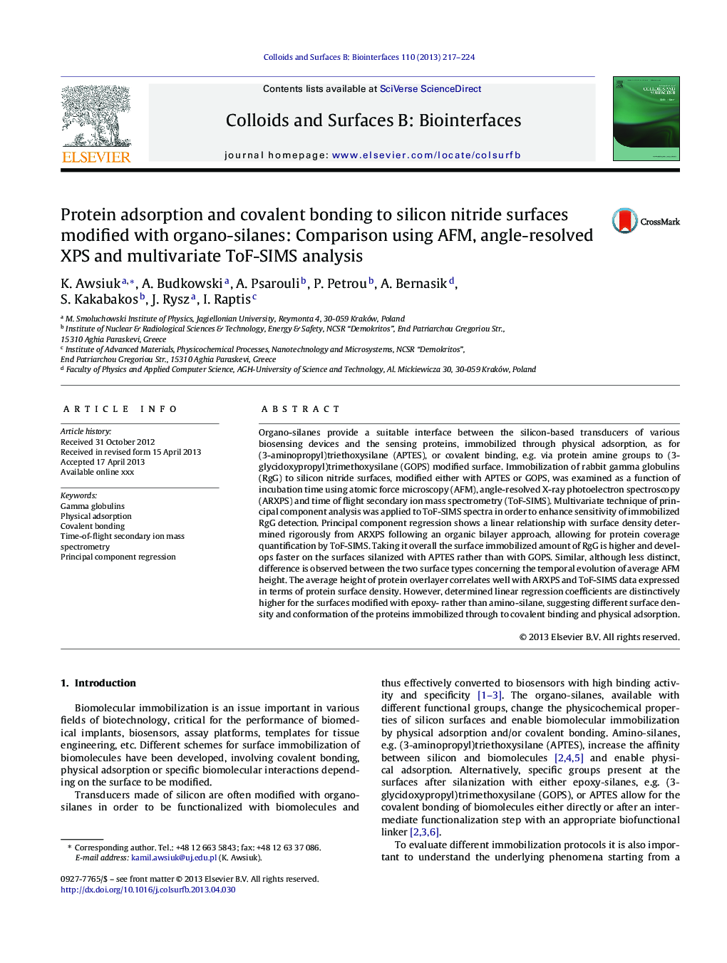 Protein adsorption and covalent bonding to silicon nitride surfaces modified with organo-silanes: Comparison using AFM, angle-resolved XPS and multivariate ToF-SIMS analysis