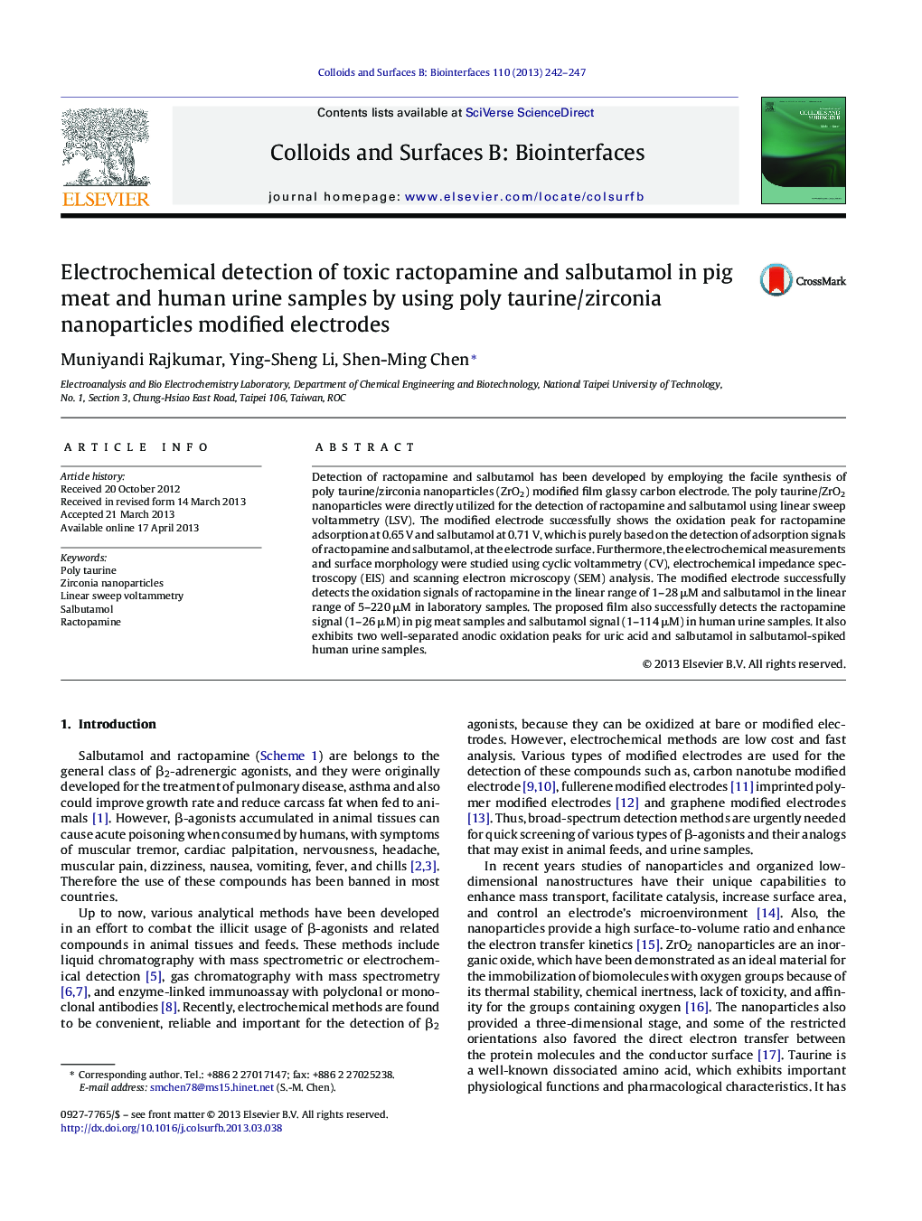 Electrochemical detection of toxic ractopamine and salbutamol in pig meat and human urine samples by using poly taurine/zirconia nanoparticles modified electrodes