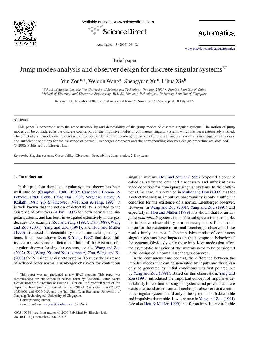 Jump modes analysis and observer design for discrete singular systems 