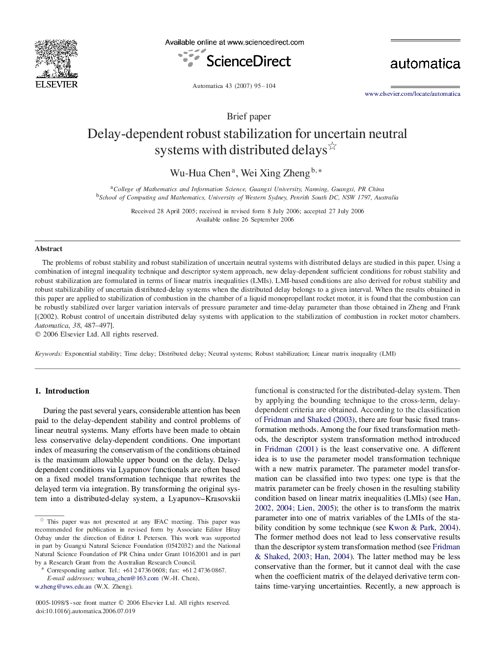 Delay-dependent robust stabilization for uncertain neutral systems with distributed delays 