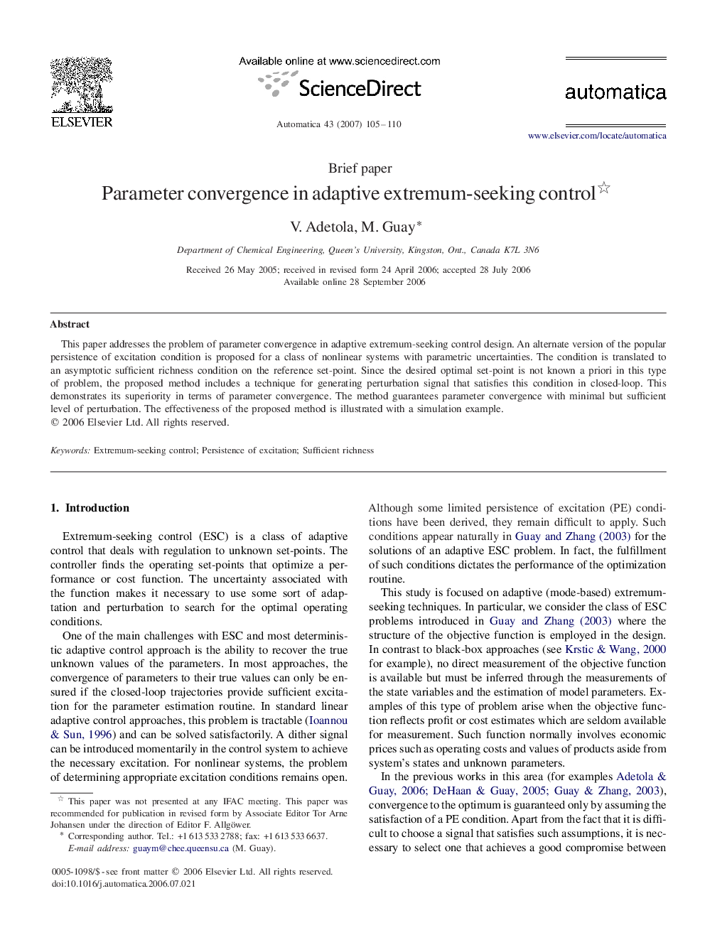 Parameter convergence in adaptive extremum-seeking control 