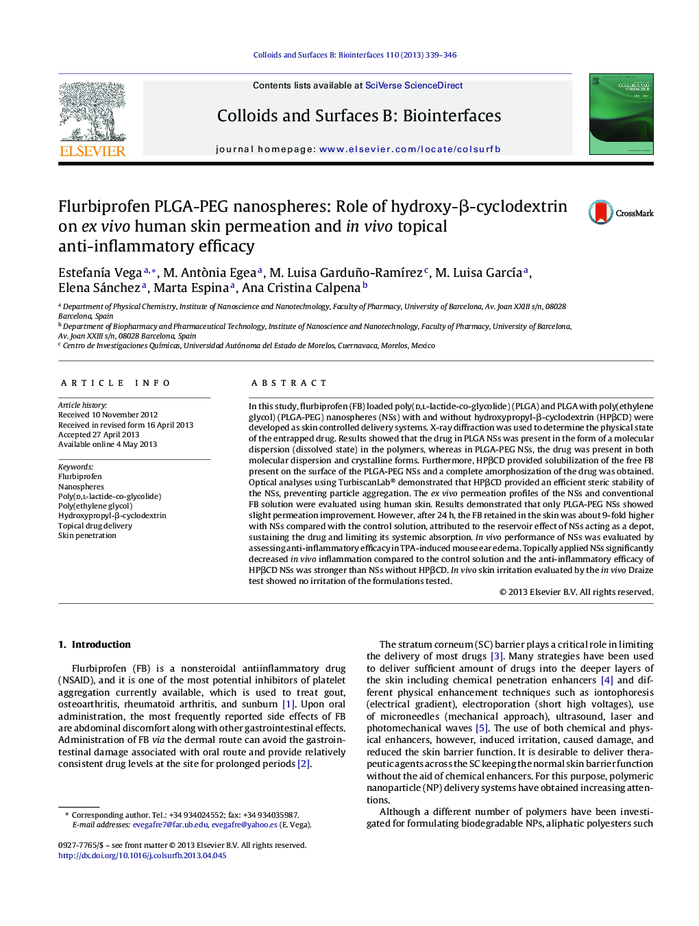 Flurbiprofen PLGA-PEG nanospheres: Role of hydroxy-Î²-cyclodextrin on ex vivo human skin permeation and in vivo topical anti-inflammatory efficacy