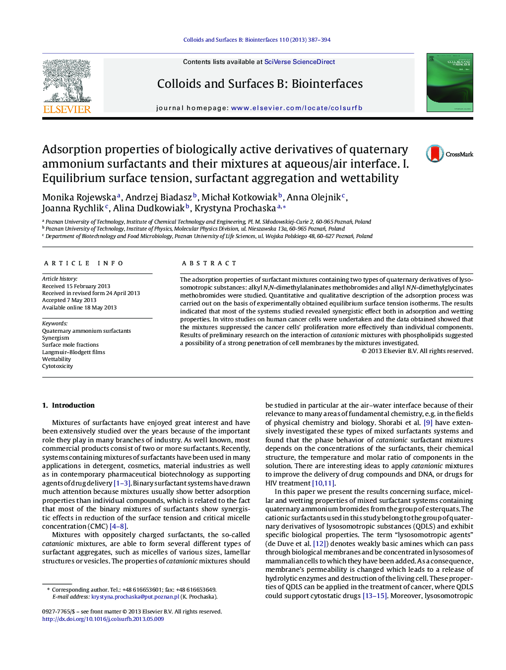 Adsorption properties of biologically active derivatives of quaternary ammonium surfactants and their mixtures at aqueous/air interface. I. Equilibrium surface tension, surfactant aggregation and wettability