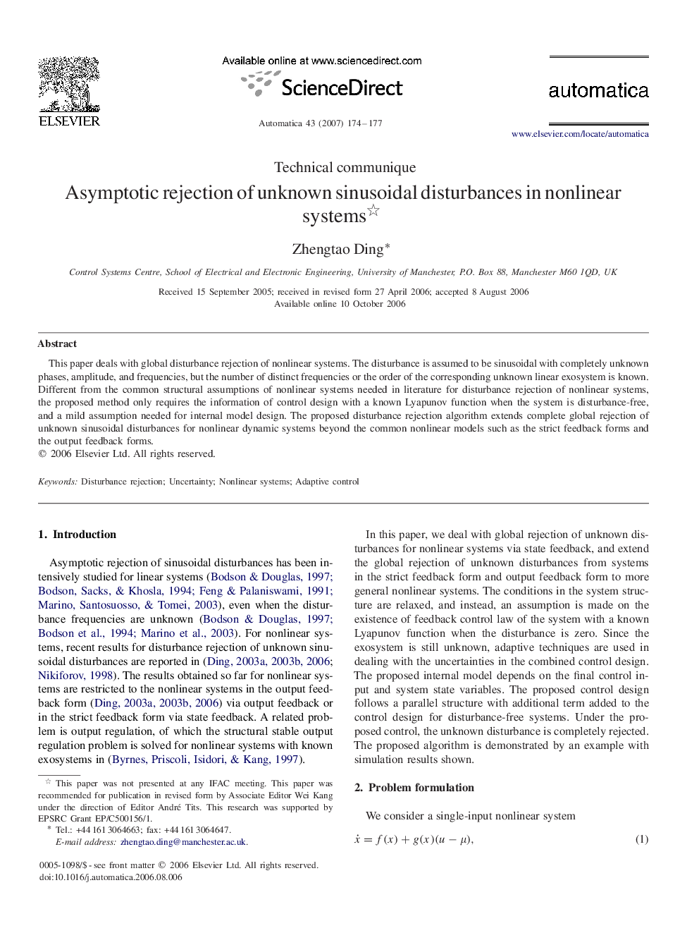 Asymptotic rejection of unknown sinusoidal disturbances in nonlinear systems 