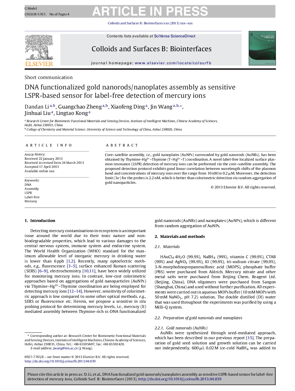 عکس صفحه اول مقاله: DNA functionalized gold nanorods/nanoplates assembly as sensitive LSPR-based sensor for label-free detection of mercury ions DNA functionalized gold nanorods/nanoplates assembly as sensitive LSPR-based sensor for label-free detection of mercury ions