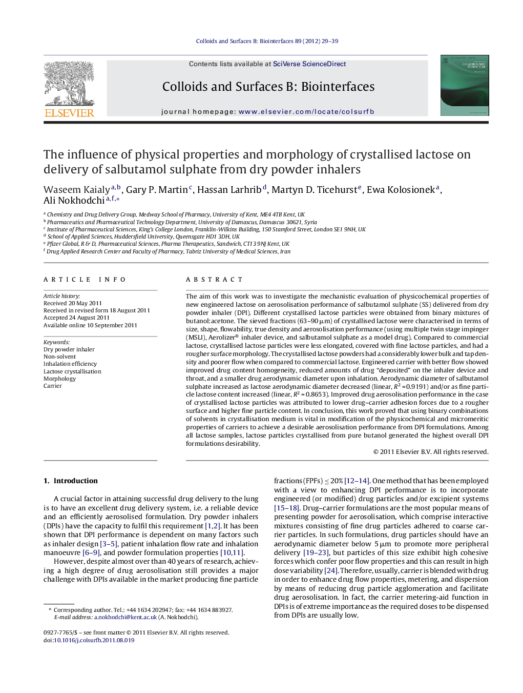 عکس صفحه اول مقاله: The influence of physical properties and morphology of crystallised lactose on delivery of salbutamol sulphate from dry powder inhalers The influence of physical properties and morphology of crystallised lactose on delivery of salbutamol sulphate from dry powder inhalers