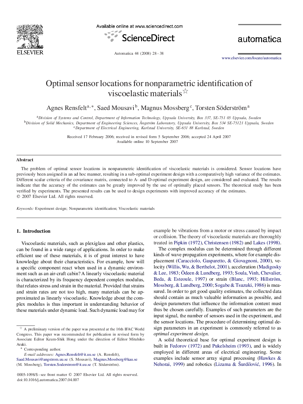 Optimal sensor locations for nonparametric identification of viscoelastic materials 