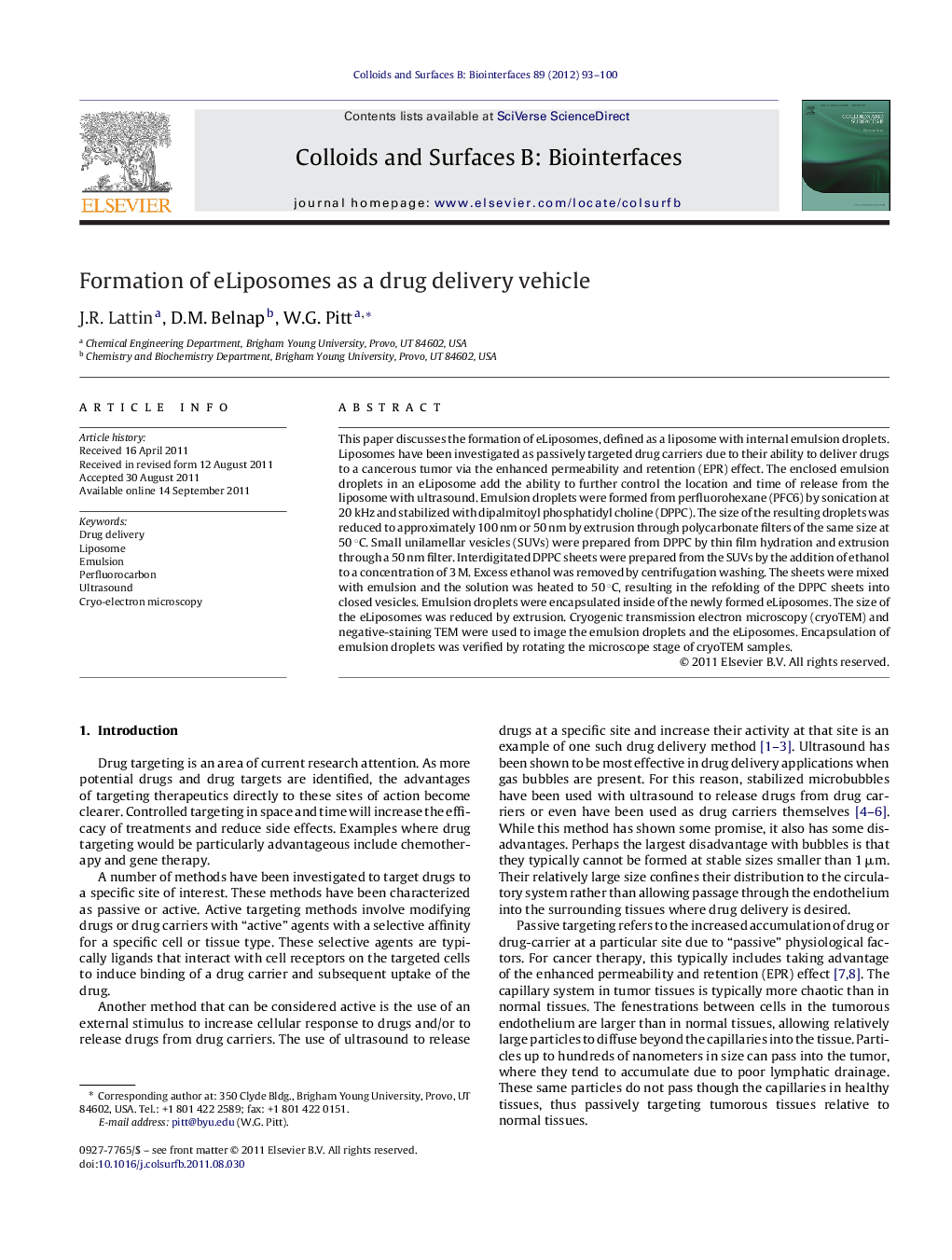 عکس صفحه اول مقاله: Formation of eLiposomes as a drug delivery vehicle Formation of eLiposomes as a drug delivery vehicle