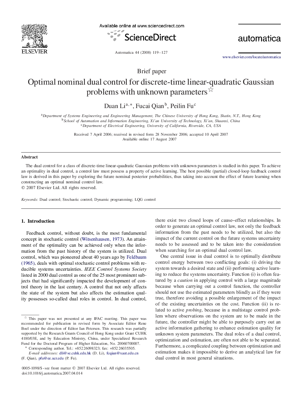 Optimal nominal dual control for discrete-time linear-quadratic Gaussian problems with unknown parameters 