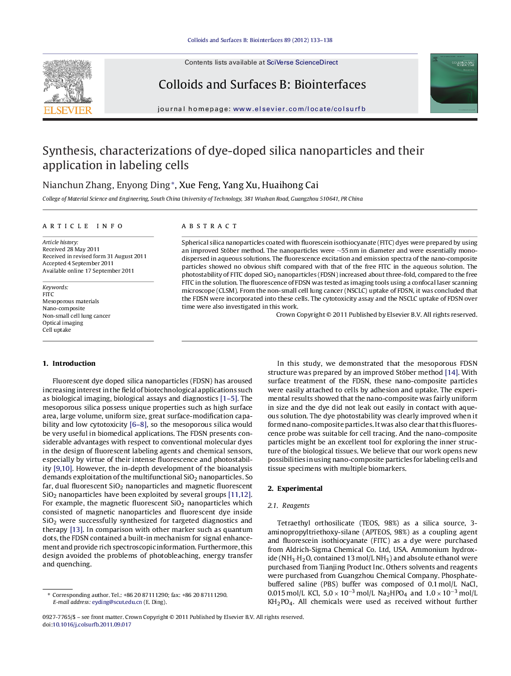 Synthesis, characterizations of dye-doped silica nanoparticles and their application in labeling cells