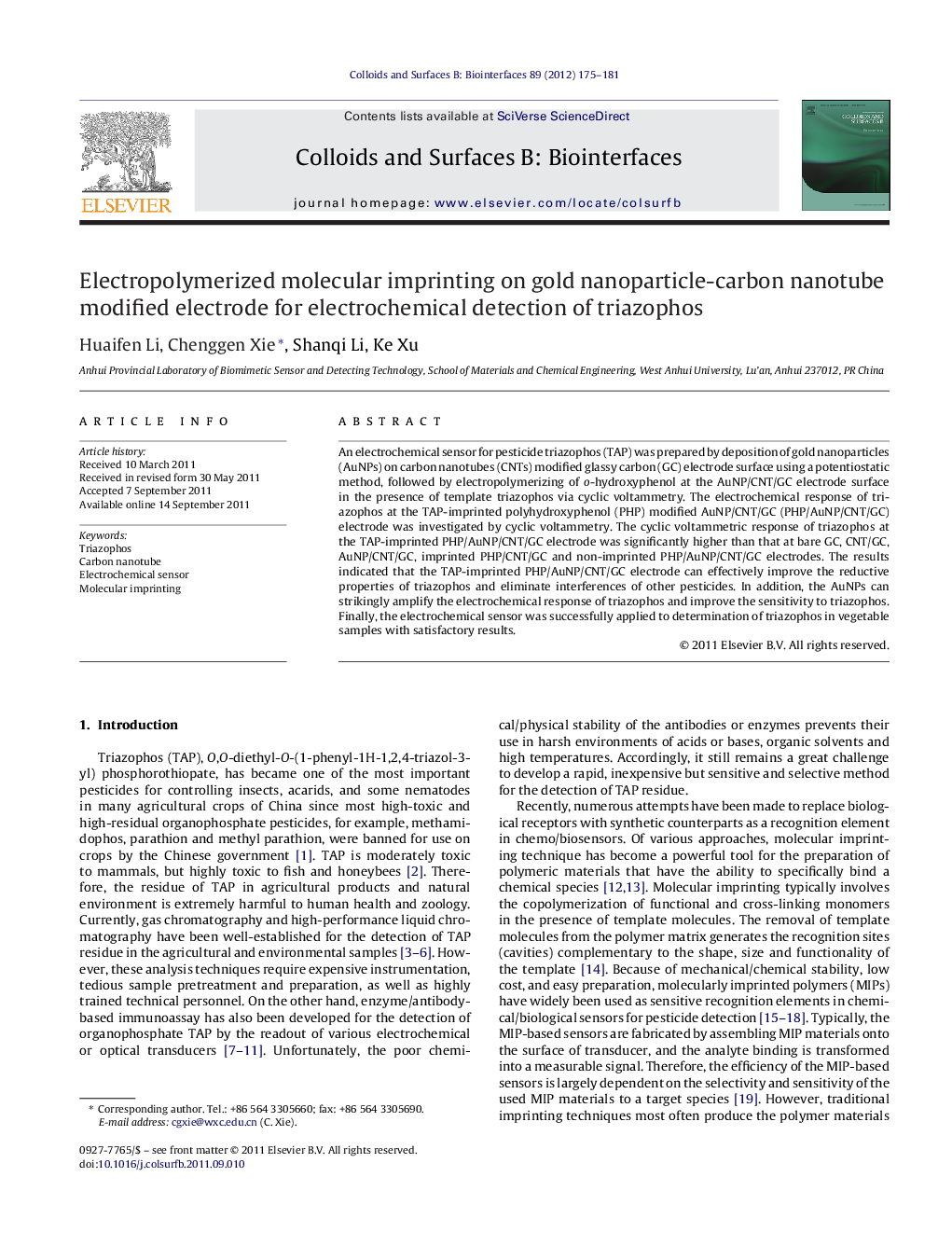 Electropolymerized molecular imprinting on gold nanoparticle-carbon nanotube modified electrode for electrochemical detection of triazophos