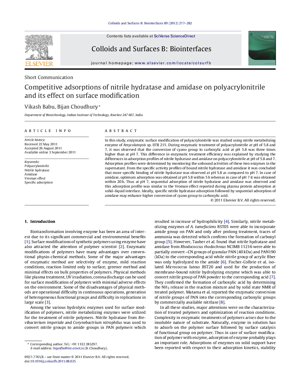 Competitive adsorptions of nitrile hydratase and amidase on polyacrylonitrile and its effect on surface modification