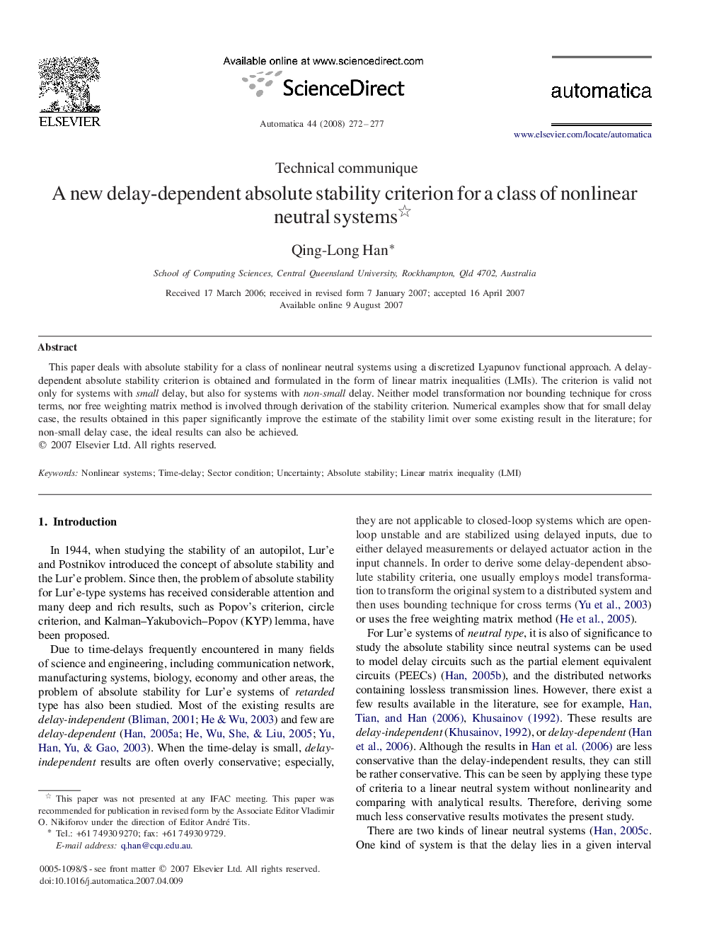 A new delay-dependent absolute stability criterion for a class of nonlinear neutral systems 