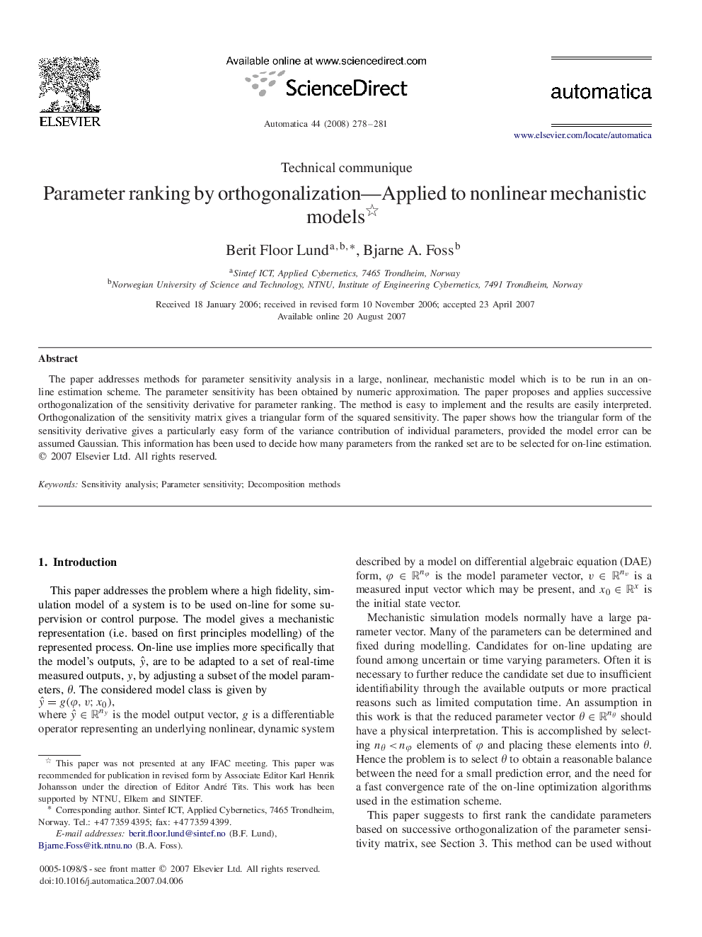 Parameter ranking by orthogonalization—Applied to nonlinear mechanistic models 