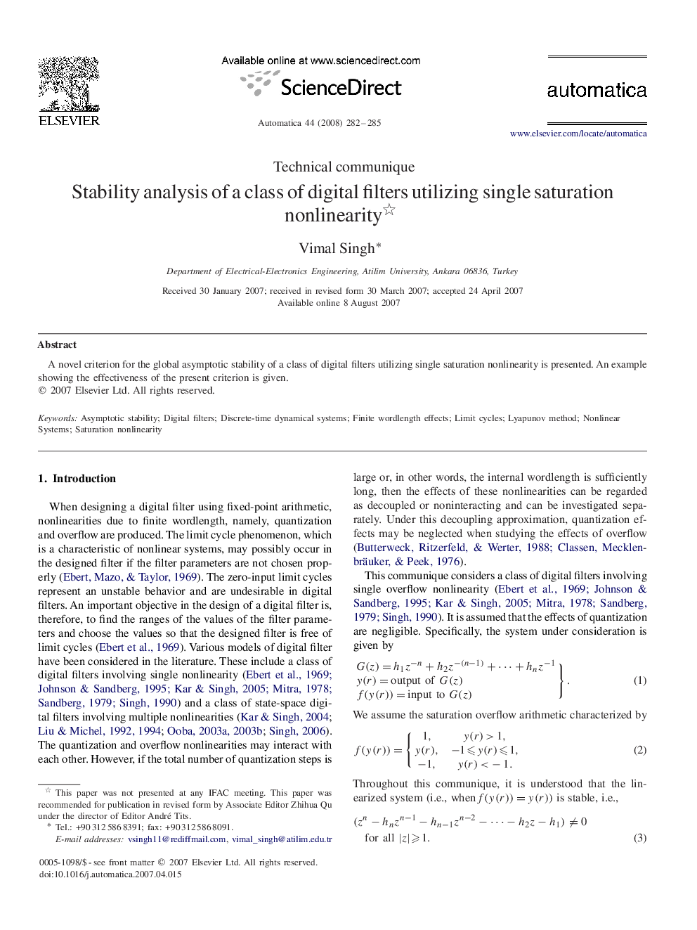 Stability analysis of a class of digital filters utilizing single saturation nonlinearity 