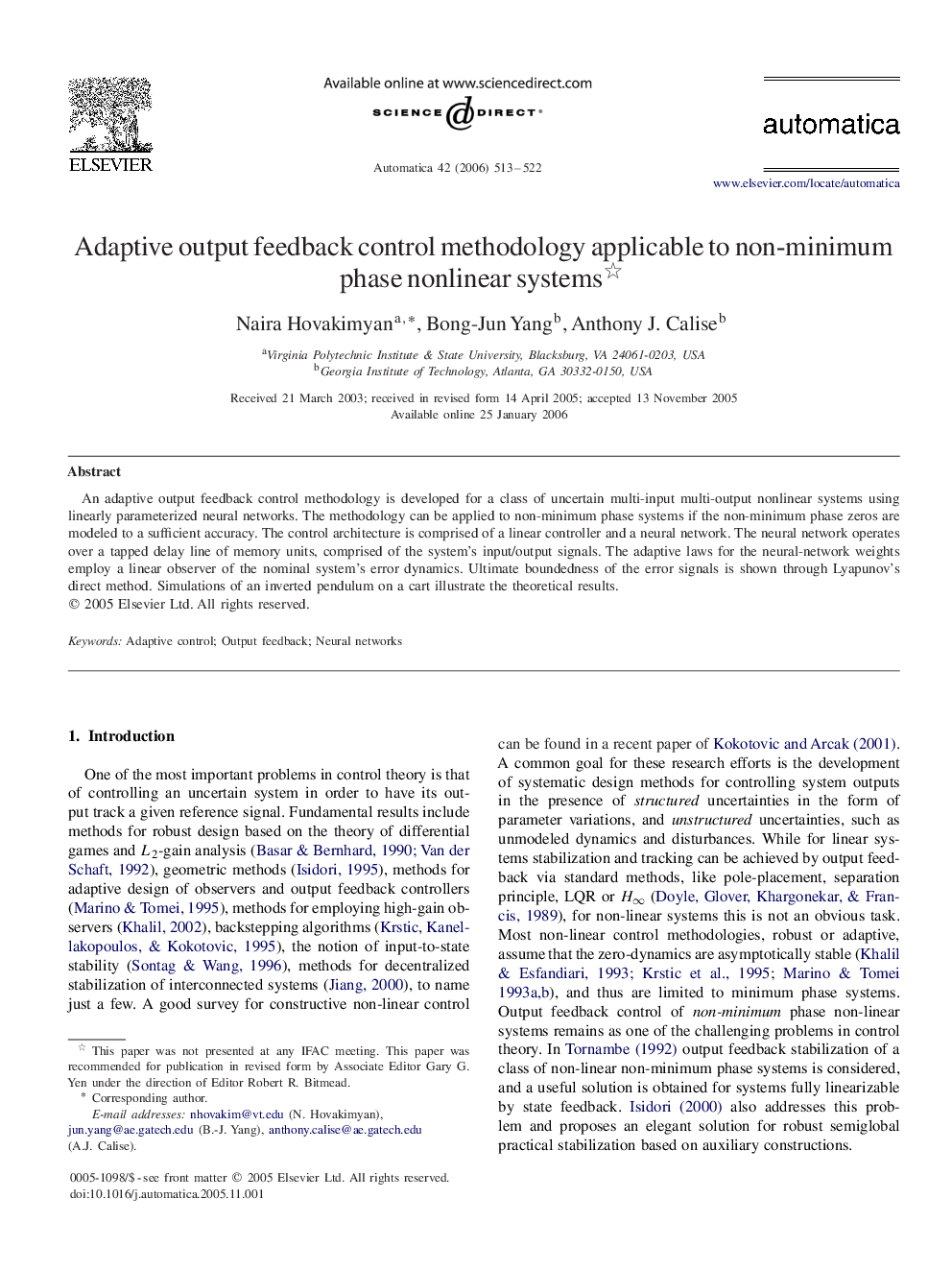 Adaptive output feedback control methodology applicable to non-minimum phase nonlinear systems 