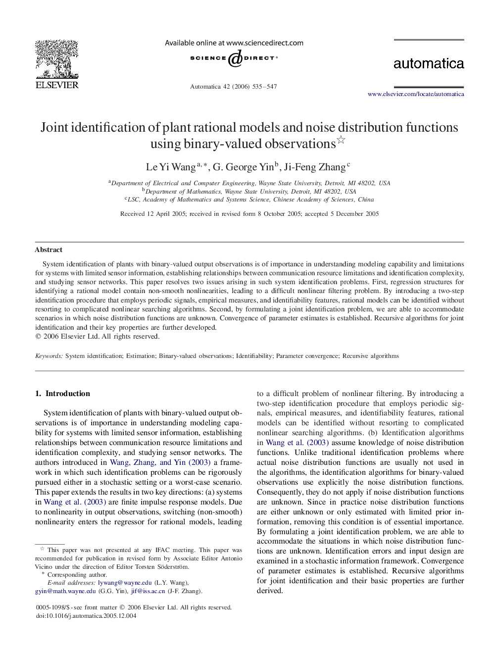 Joint identification of plant rational models and noise distribution functions using binary-valued observations 