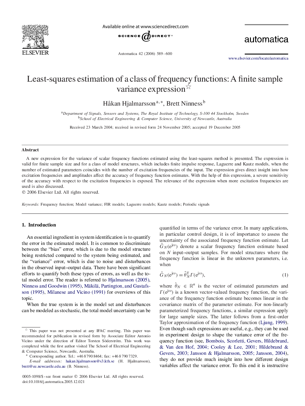 Least-squares estimation of a class of frequency functions: A finite sample variance expression 