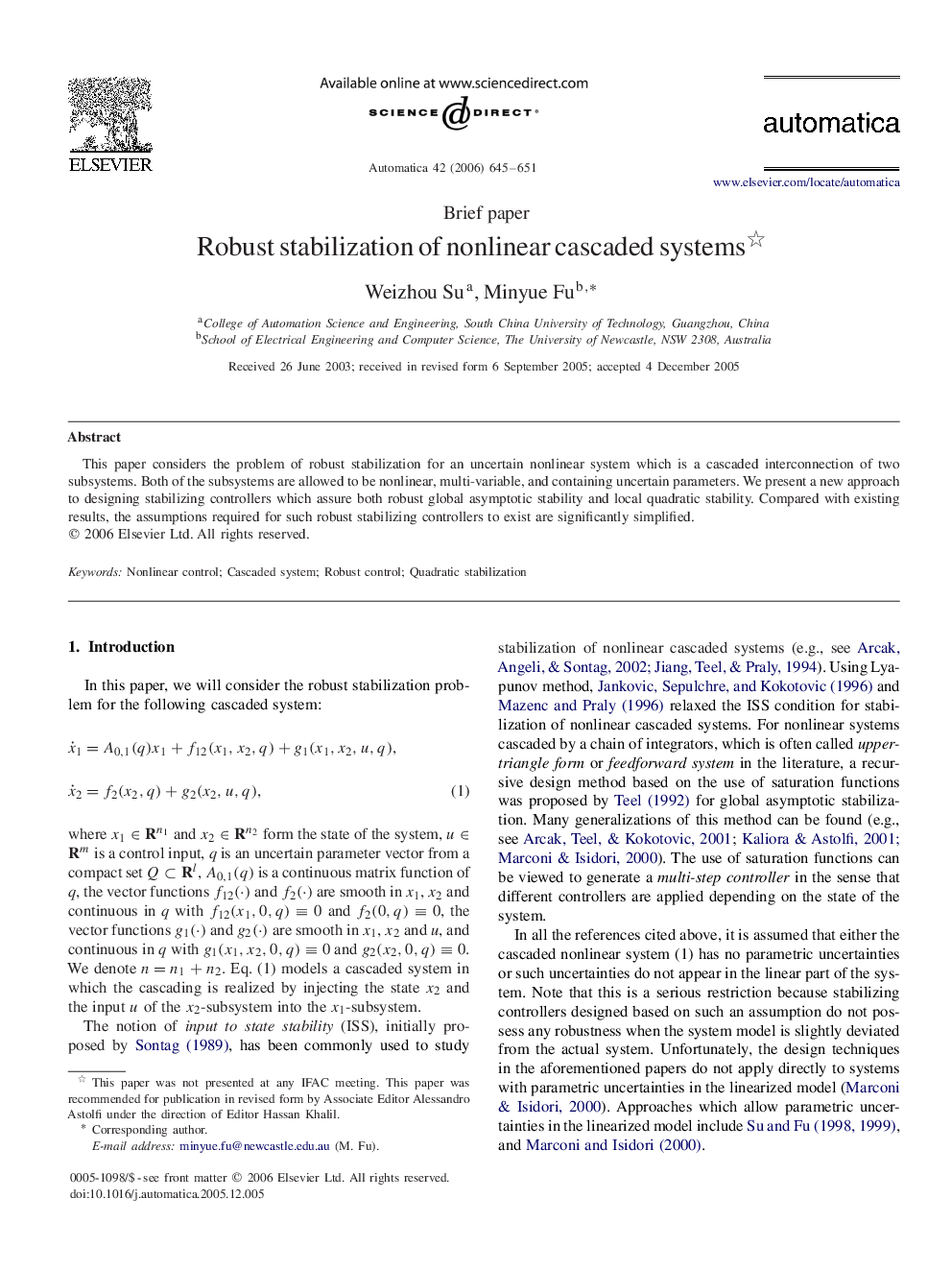 Robust stabilization of nonlinear cascaded systems 