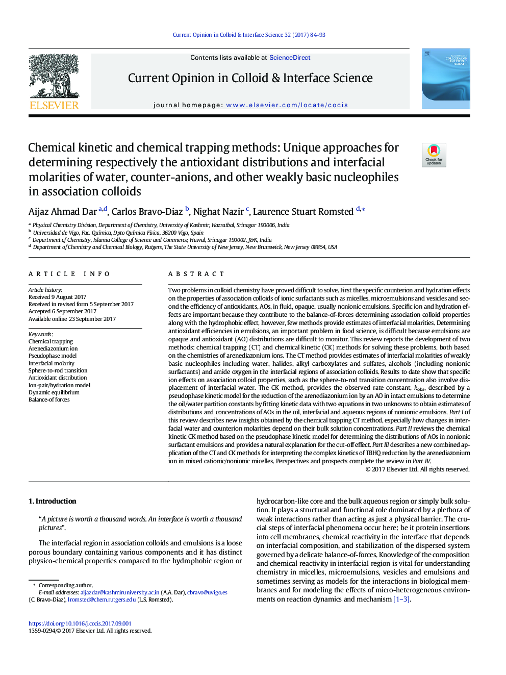 Chemical kinetic and chemical trapping methods: Unique approaches for determining respectively the antioxidant distributions and interfacial molarities of water, counter-anions, and other weakly basic nucleophiles in association colloids