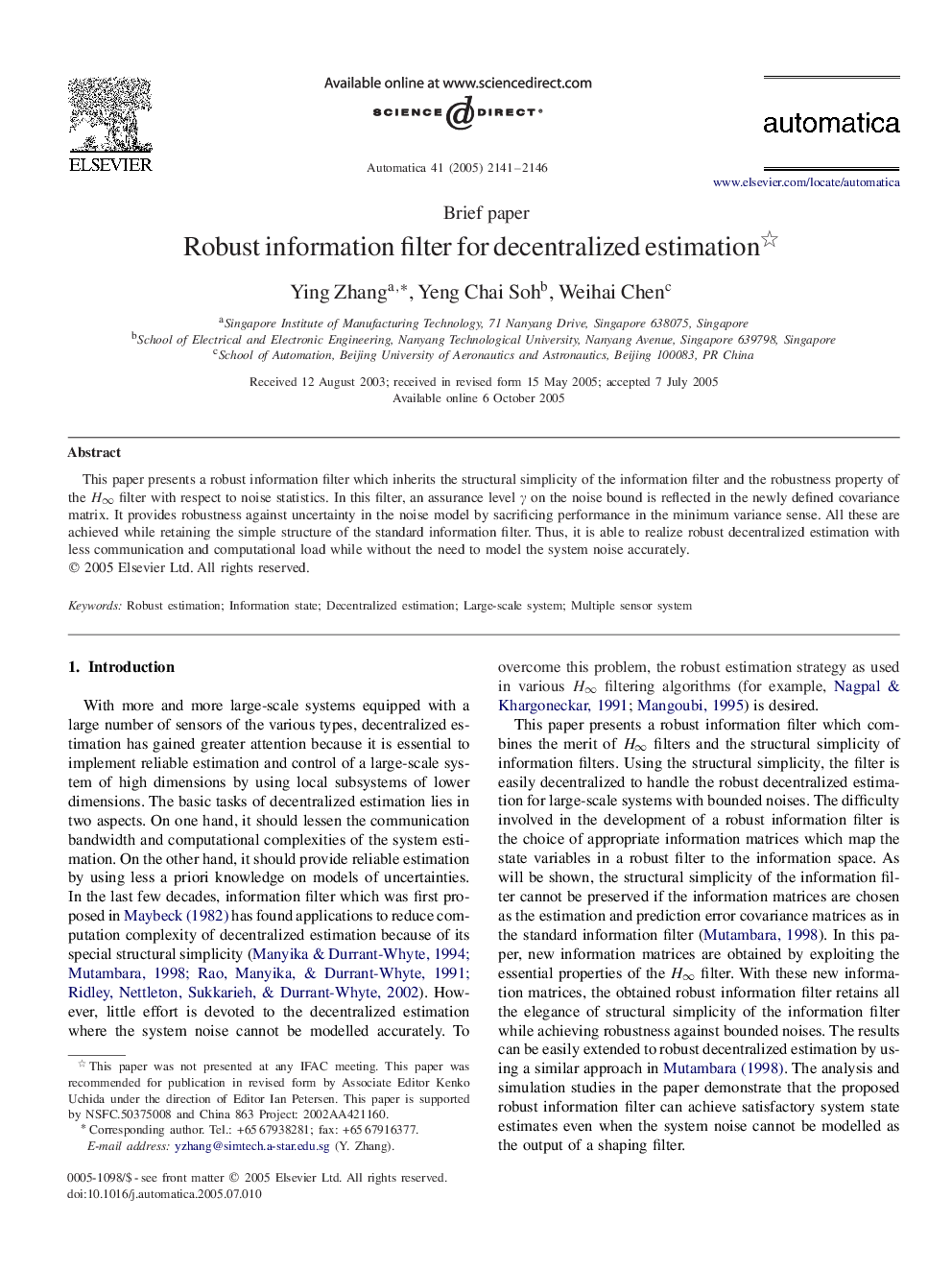 Robust information filter for decentralized estimation 