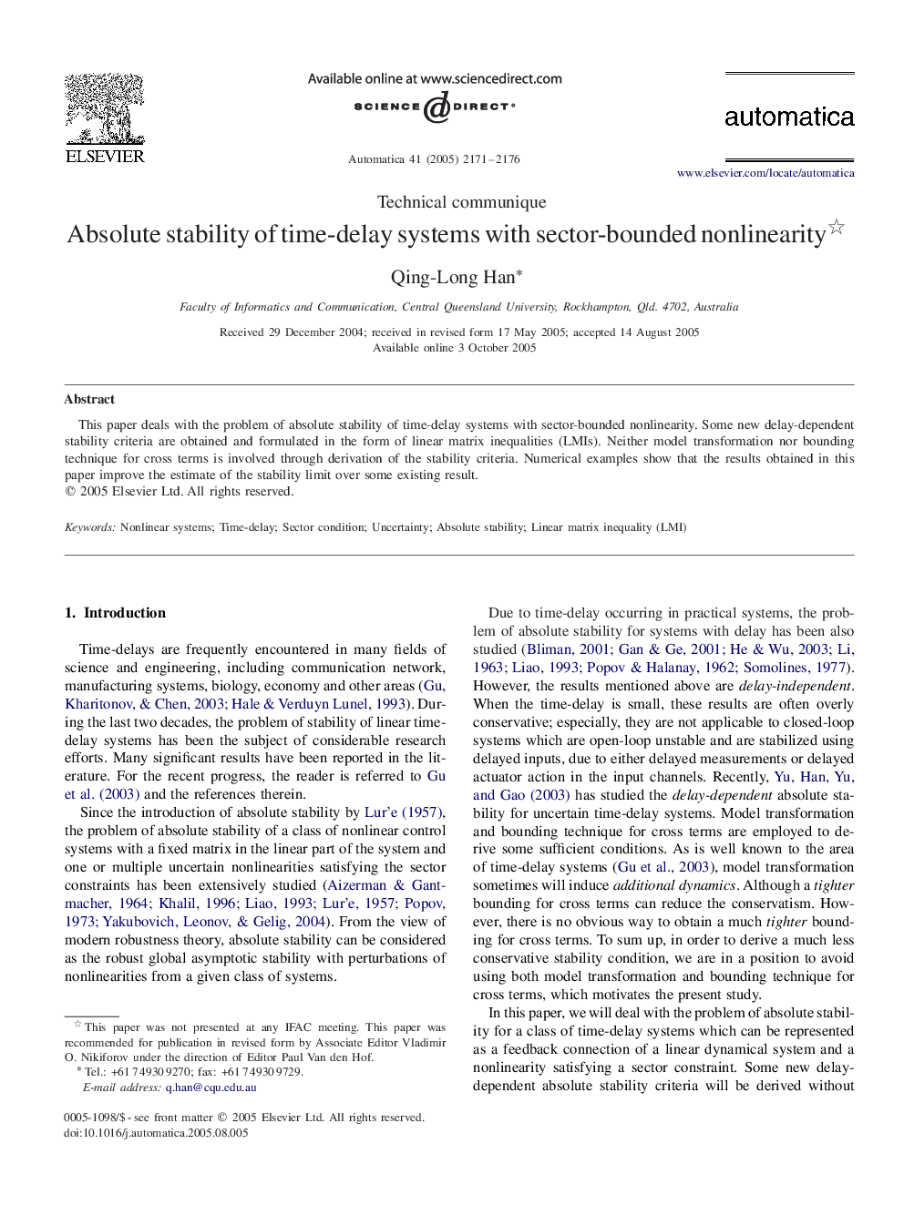 Absolute stability of time-delay systems with sector-bounded nonlinearity 