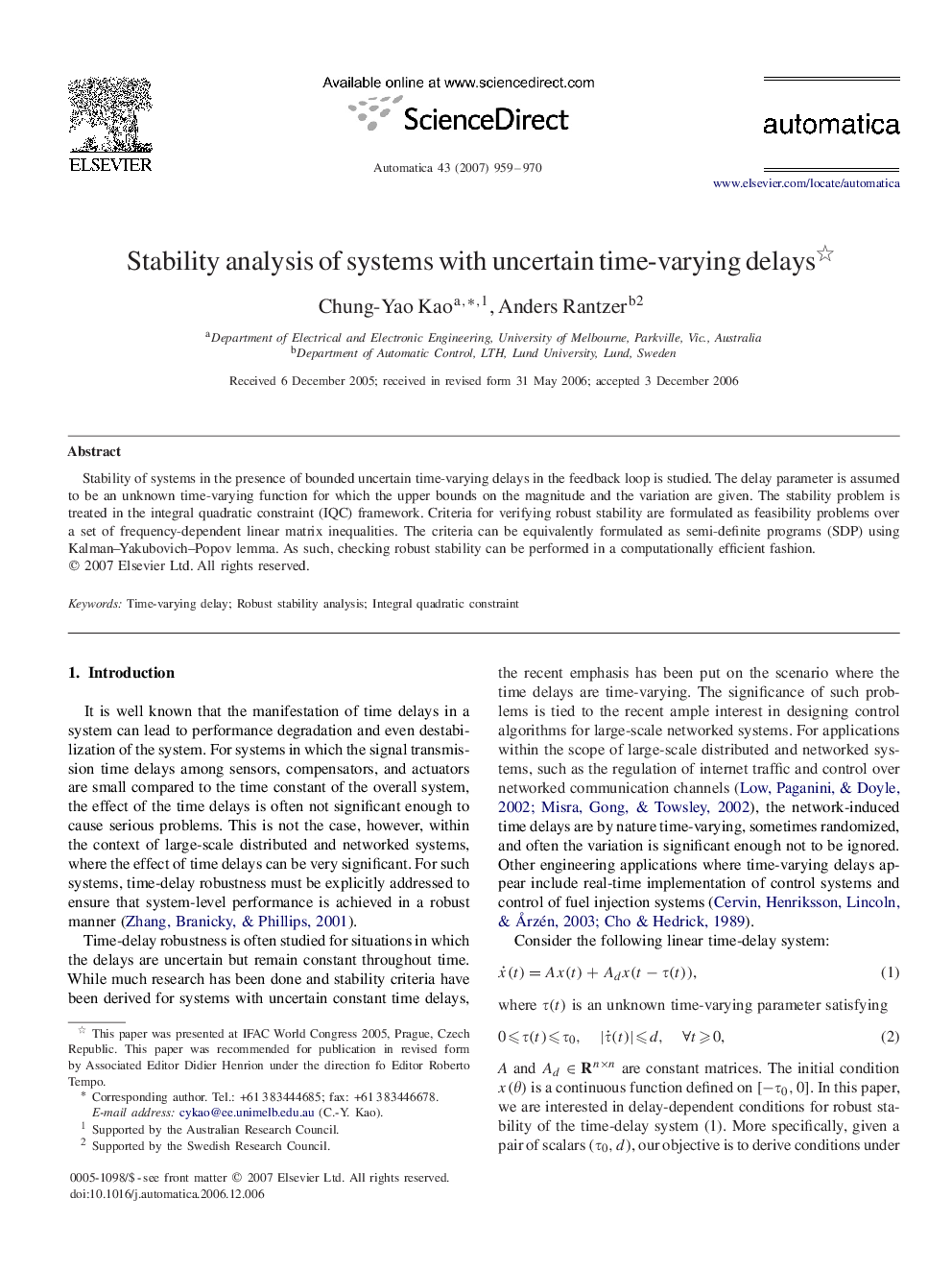 Stability analysis of systems with uncertain time-varying delays 