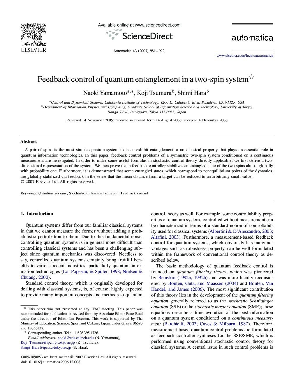 Feedback control of quantum entanglement in a two-spin system 