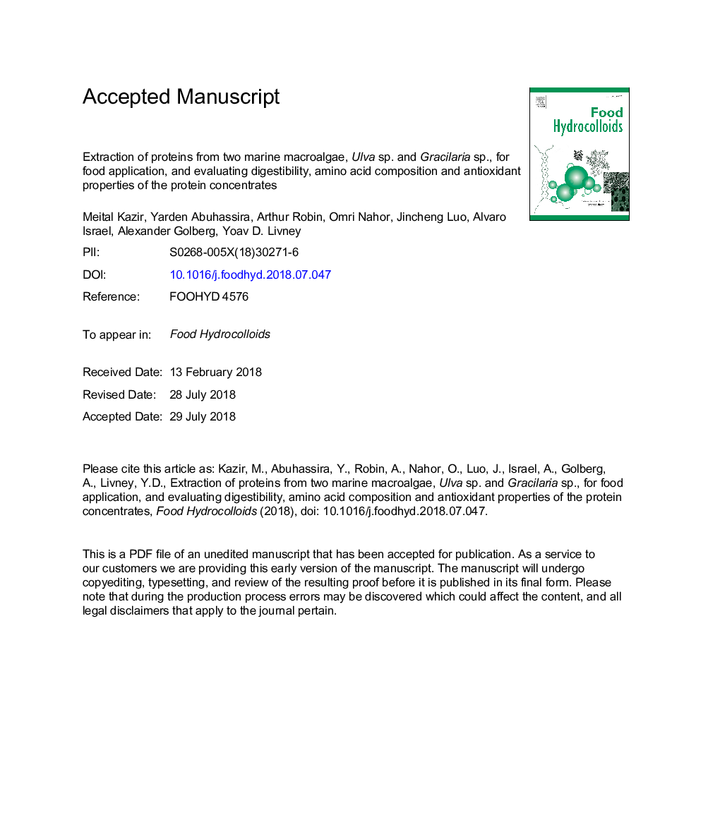 Extraction of proteins from two marine macroalgae, Ulva sp. and Gracilaria sp., for food application, and evaluating digestibility, amino acid composition and antioxidant properties of the protein concentrates