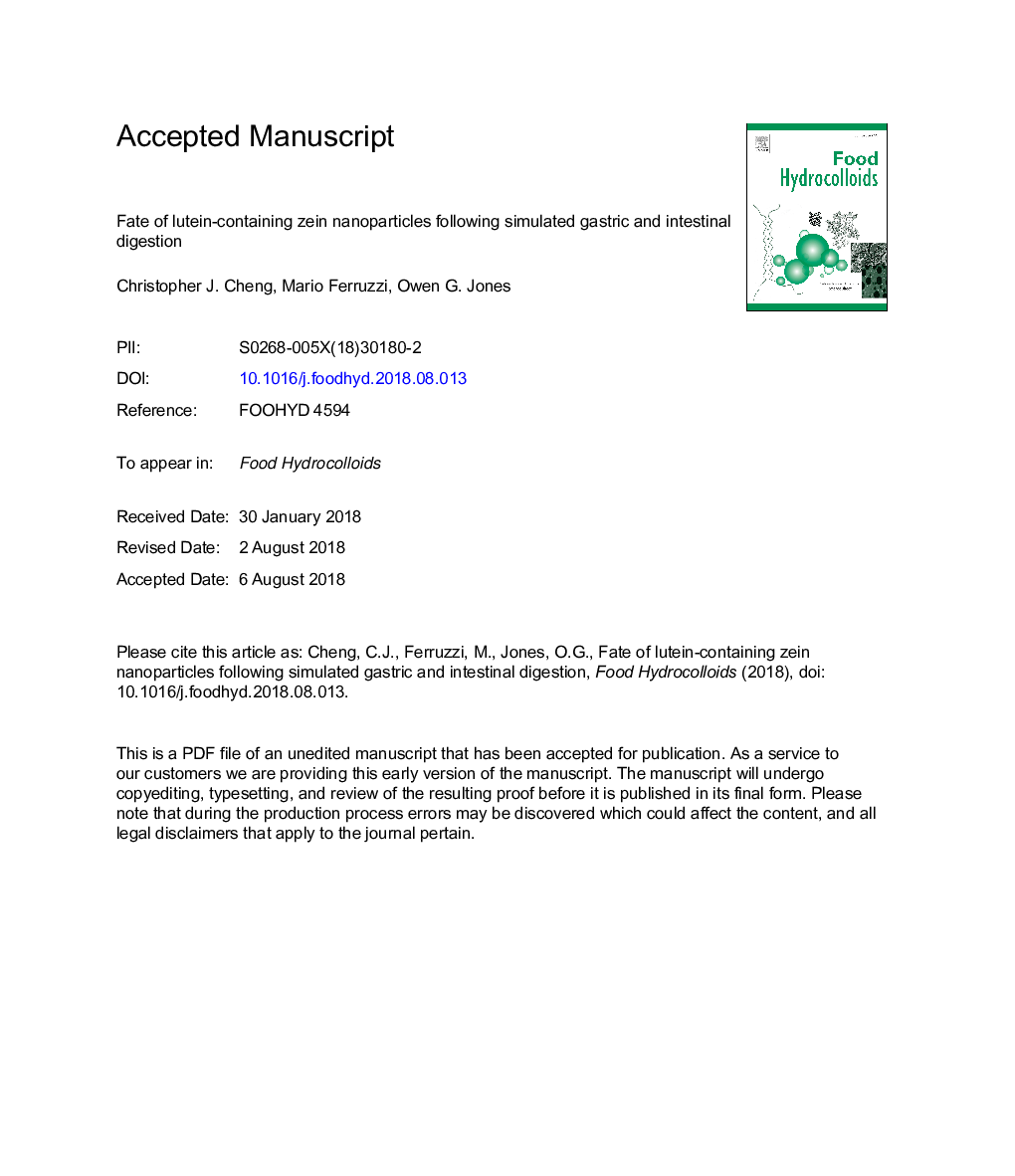 عکس صفحه اول مقاله: Fate of lutein-containing zein nanoparticles following simulated gastric and intestinal digestion Fate of lutein-containing zein nanoparticles following simulated gastric and intestinal digestion