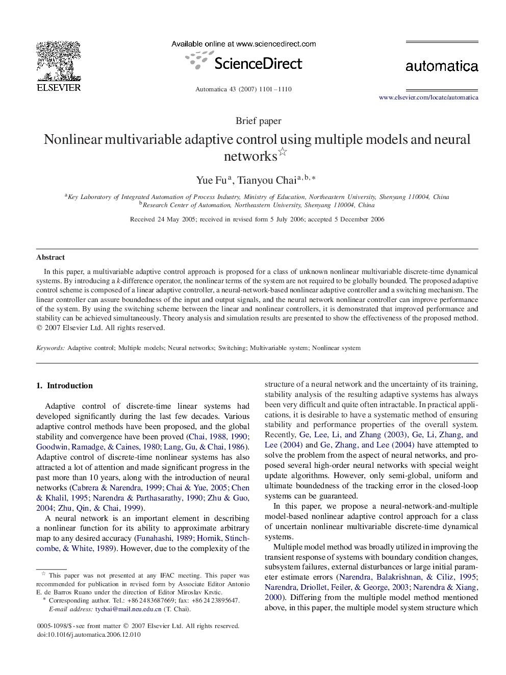 Nonlinear multivariable adaptive control using multiple models and neural networks 