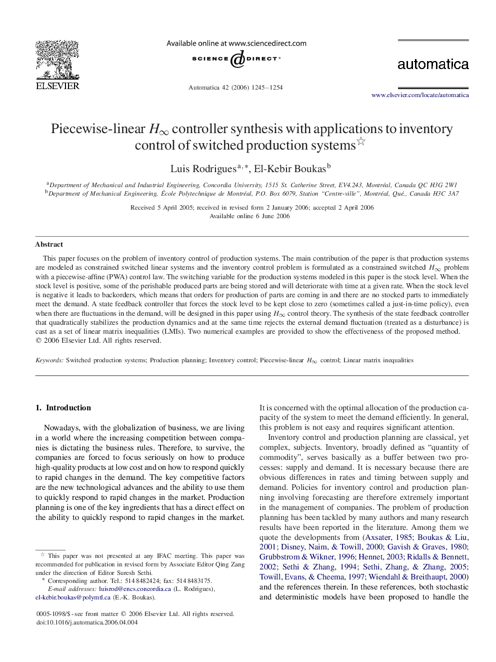 Piecewise-linear H∞H∞ controller synthesis with applications to inventory control of switched production systems 