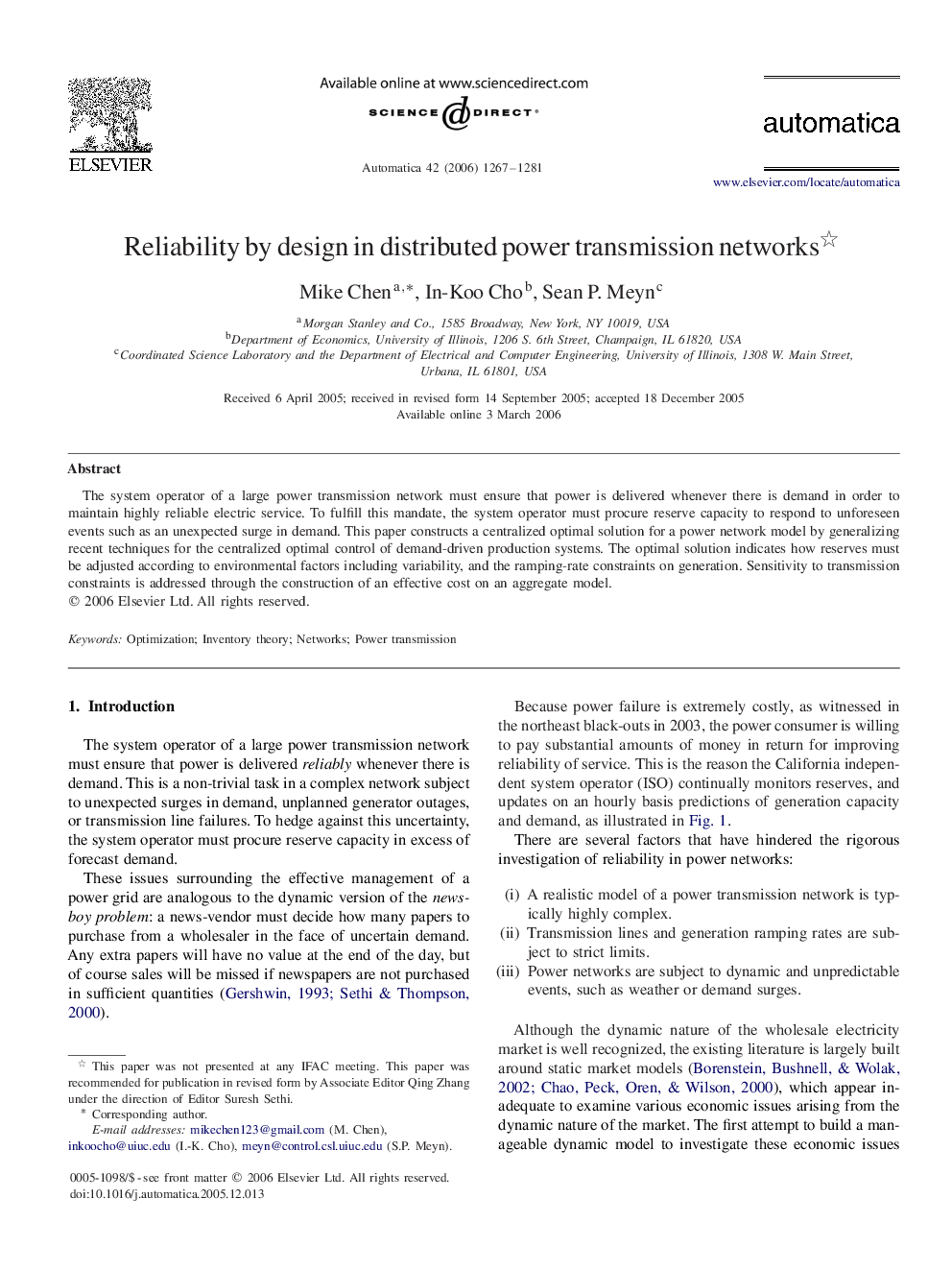 Reliability by design in distributed power transmission networks 