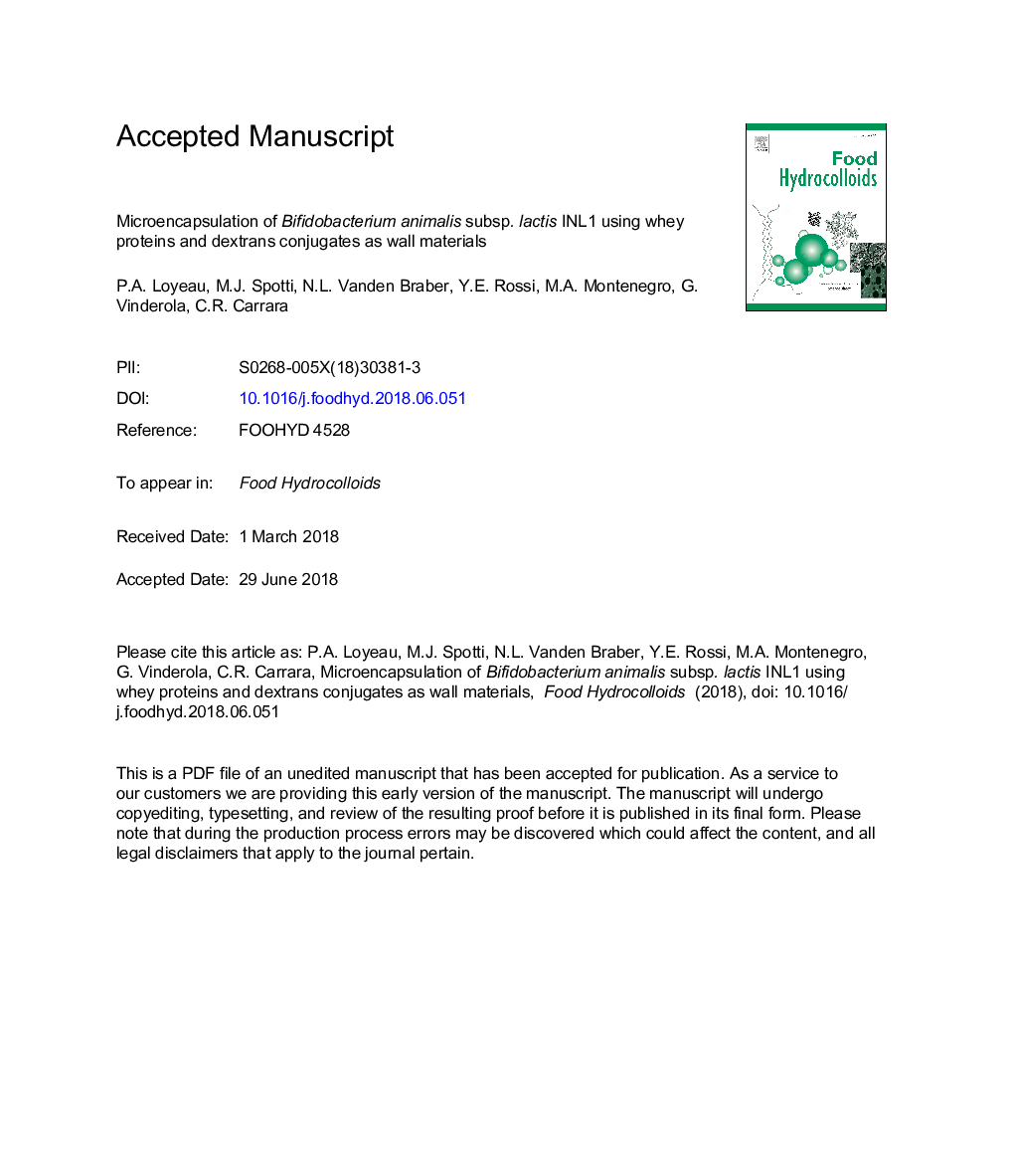 Microencapsulation of Bifidobacterium animalis subsp. lactis INL1 using whey proteins and dextrans conjugates as wall materials