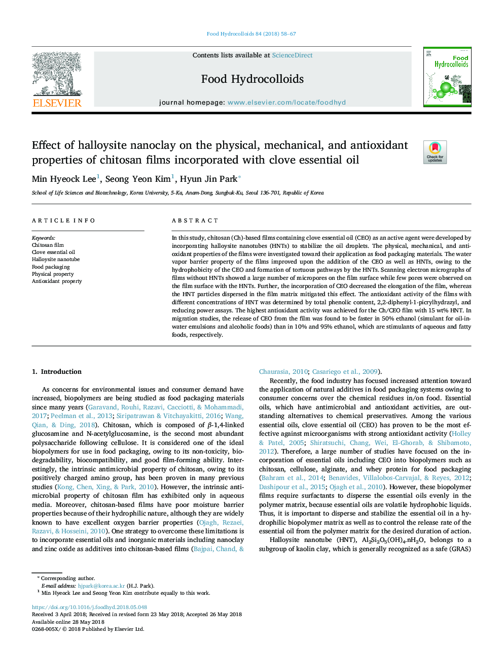 Effect of halloysite nanoclay on the physical, mechanical, and antioxidant properties of chitosan films incorporated with clove essential oil