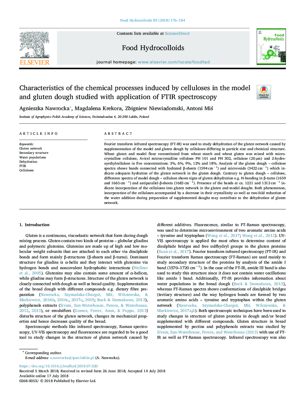 Characteristics of the chemical processes induced by celluloses in the model and gluten dough studied with application of FTIR spectroscopy