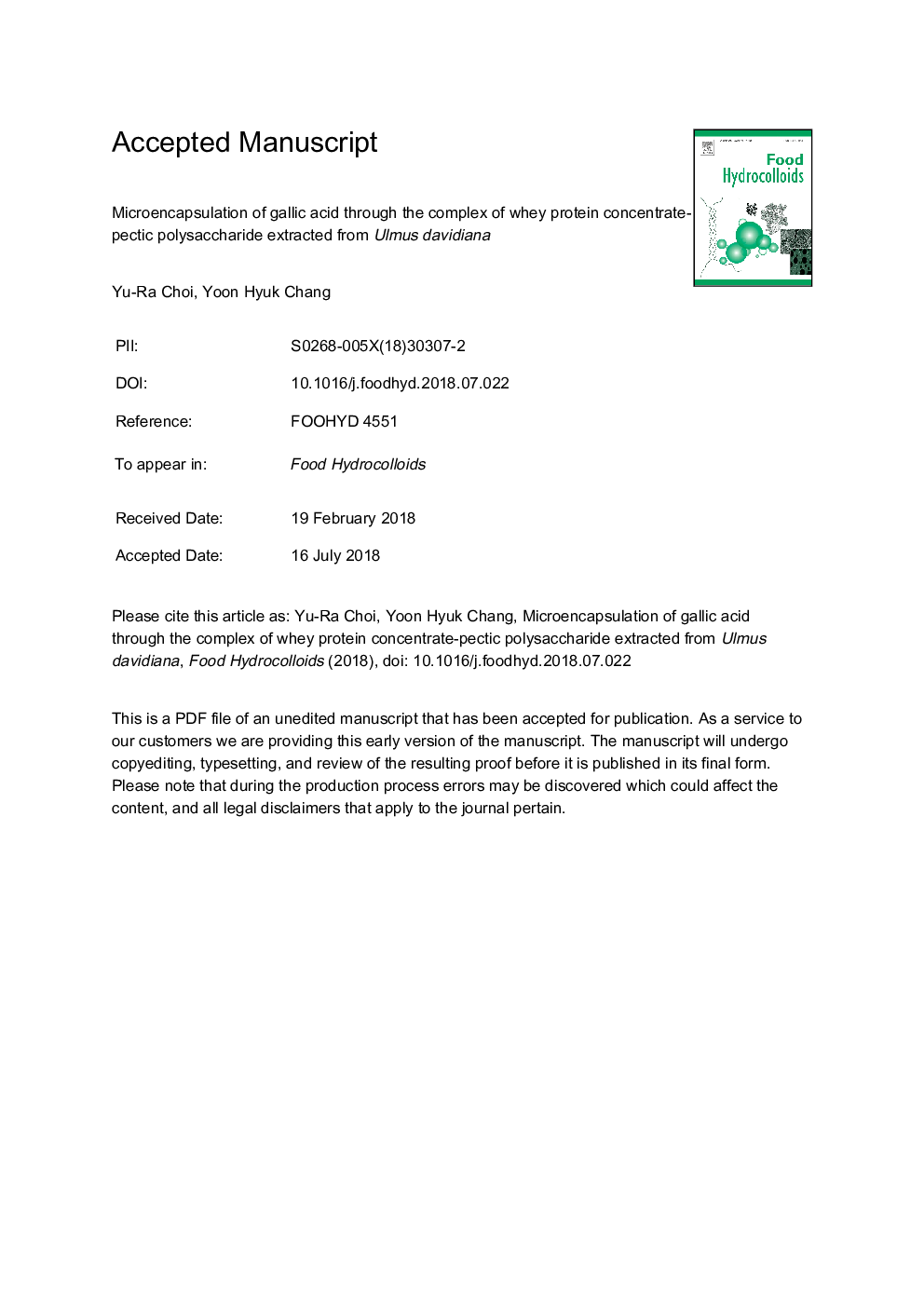 Microencapsulation of gallic acid through the complex of whey protein concentrate-pectic polysaccharide extracted from Ulmus davidiana