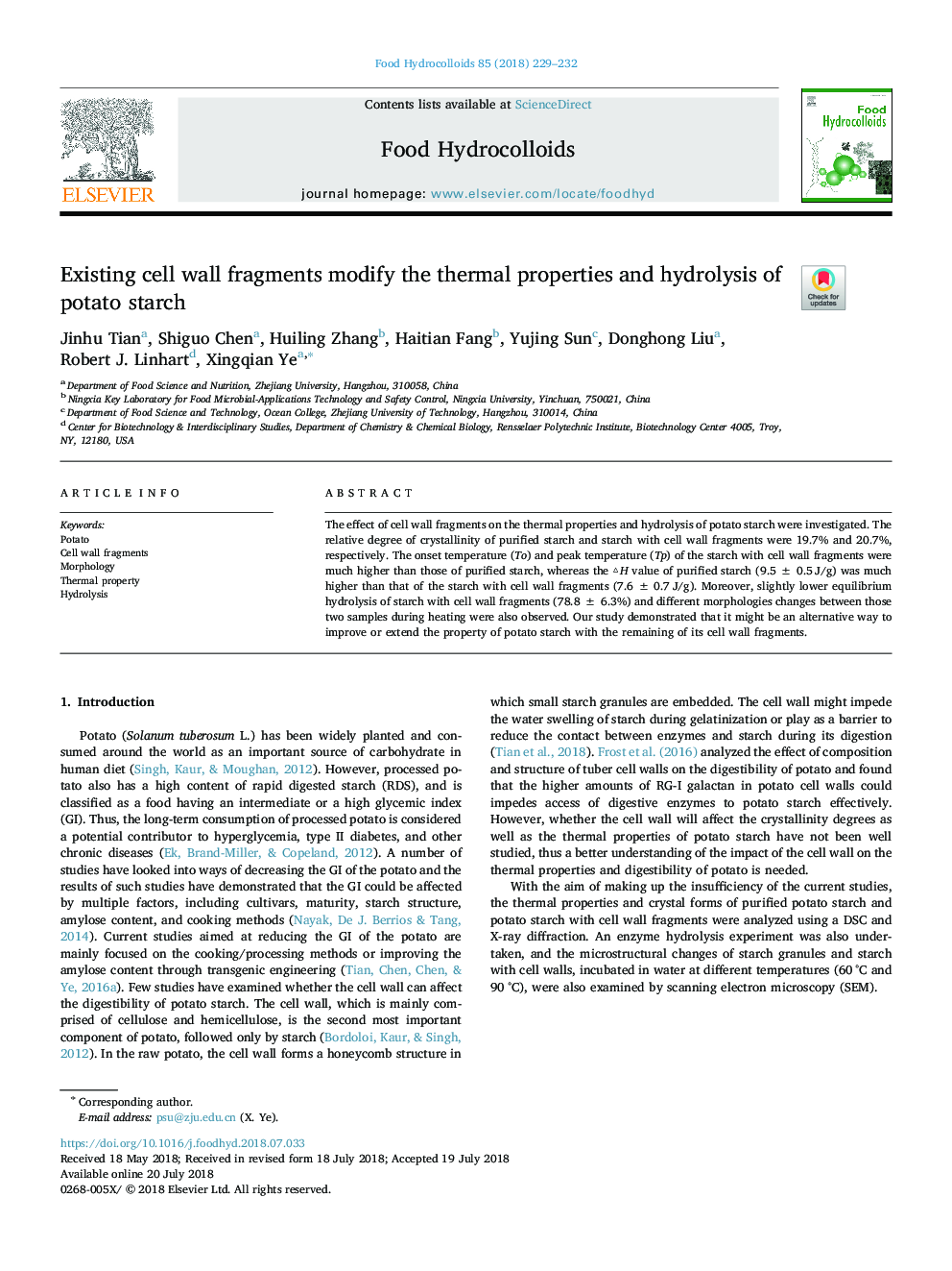 Existing cell wall fragments modify the thermal properties and hydrolysis of potato starch