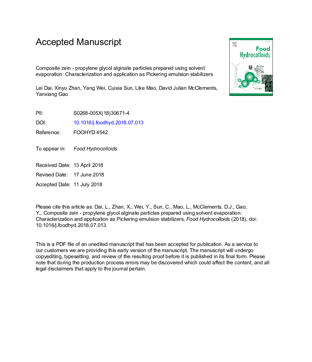 Composite zein - propylene glycol alginate particles prepared using solvent evaporation: Characterization and application as Pickering emulsion stabilizers