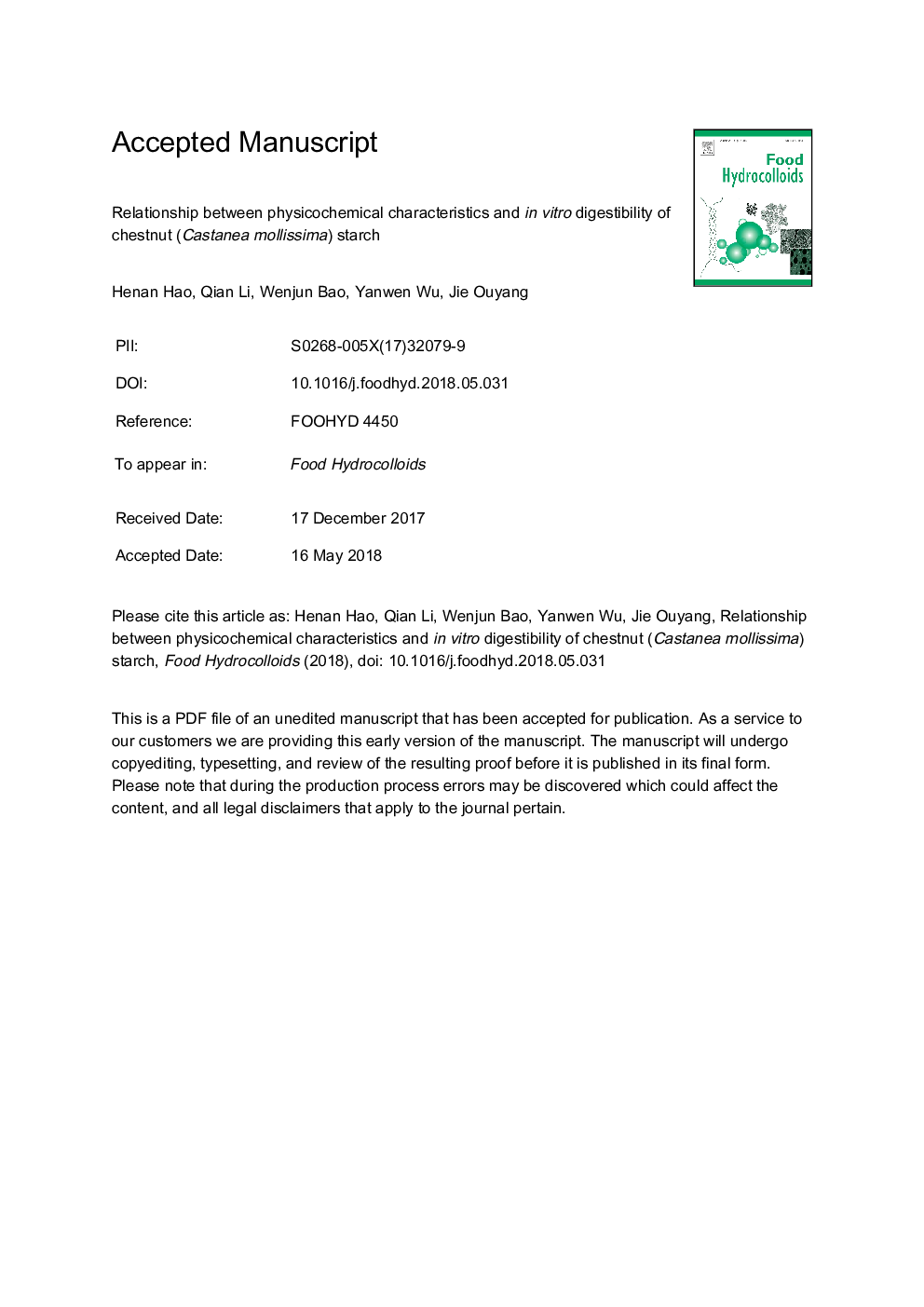 Relationship between physicochemical characteristics and in vitro digestibility of chestnut (Castanea mollissima) starch