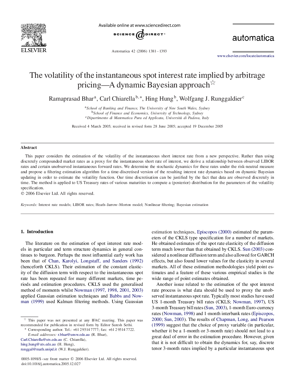 The volatility of the instantaneous spot interest rate implied by arbitrage pricing—A dynamic Bayesian approach 