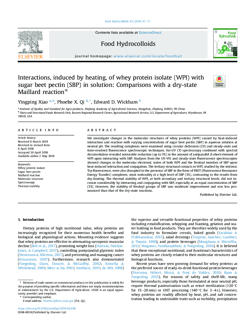 Interactions, induced by heating, of whey protein isolate (WPI) with sugar beet pectin (SBP) in solution: Comparisons with a dry-state Maillard reaction