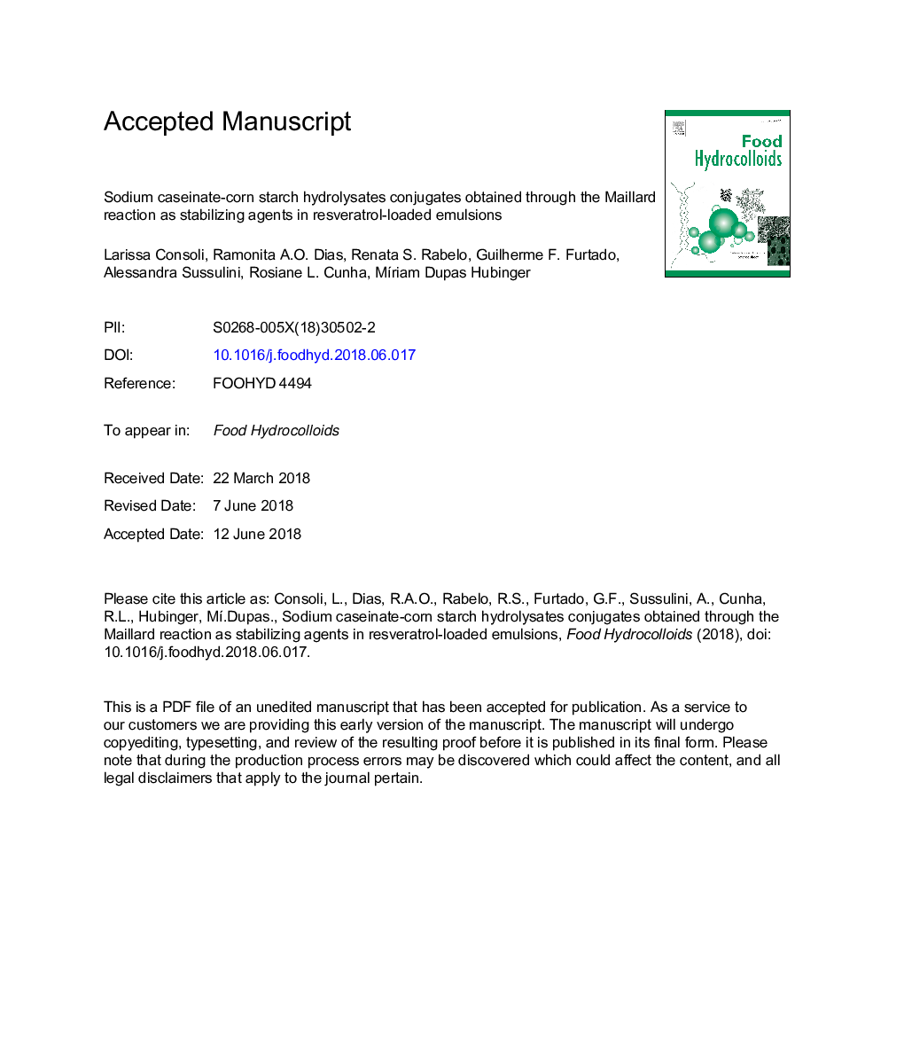 سدیم نشاسته کازئین ذرت هیدرولیز کنسانتره های حاصل از واکنش مایار را به عنوان عوامل تثبیت کننده در امولسیون های بارگیری شده با رزوراترول 