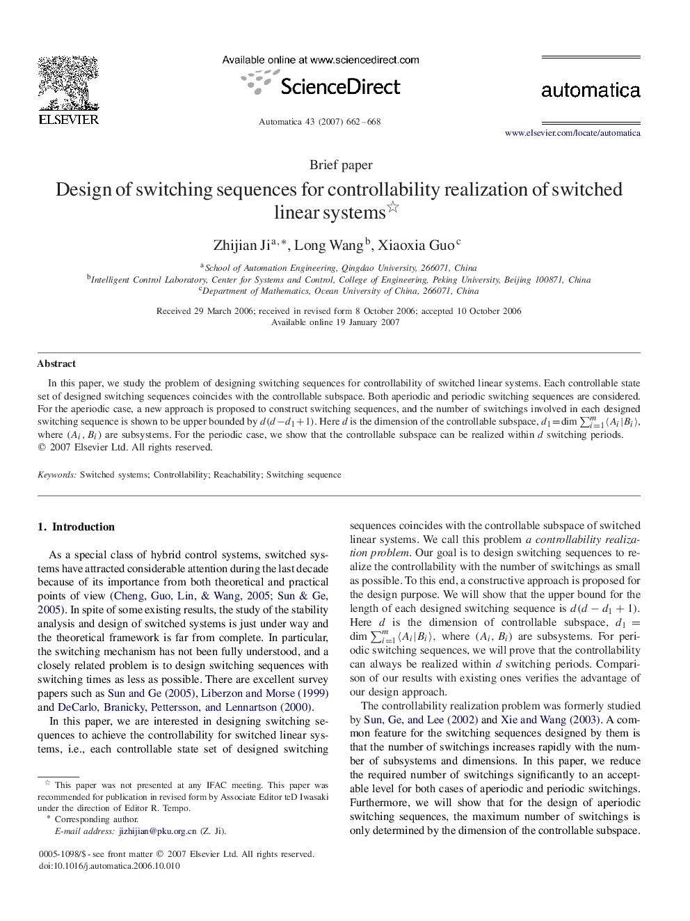 Design of switching sequences for controllability realization of switched linear systems 