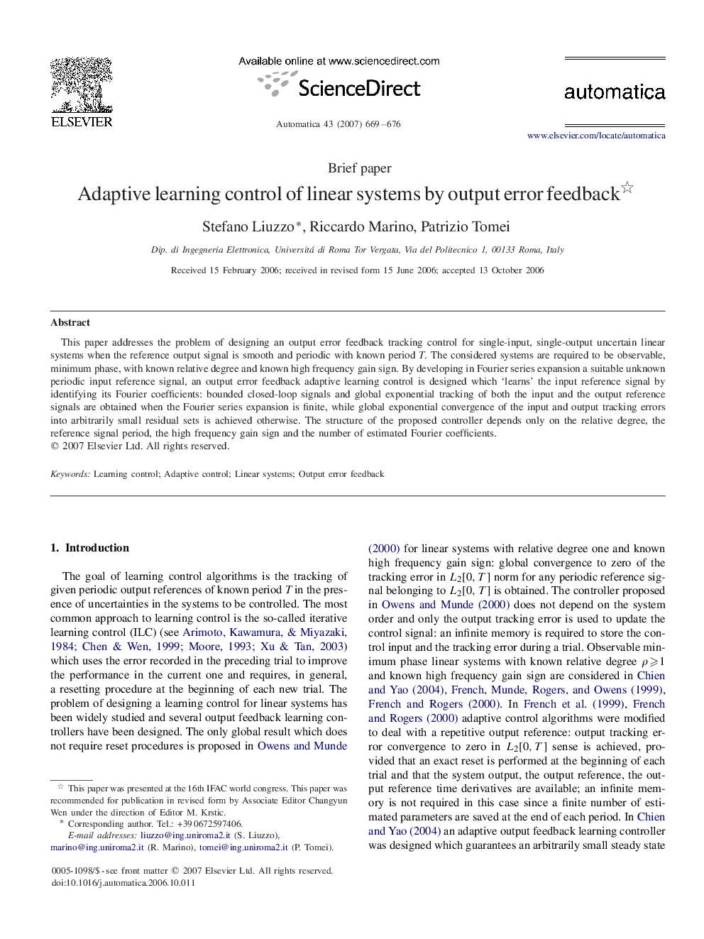 Adaptive learning control of linear systems by output error feedback 